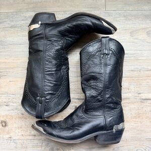 Vintage Leather Cowboy Boots Black Western Embroidered Mid Calf Size 8.5 D